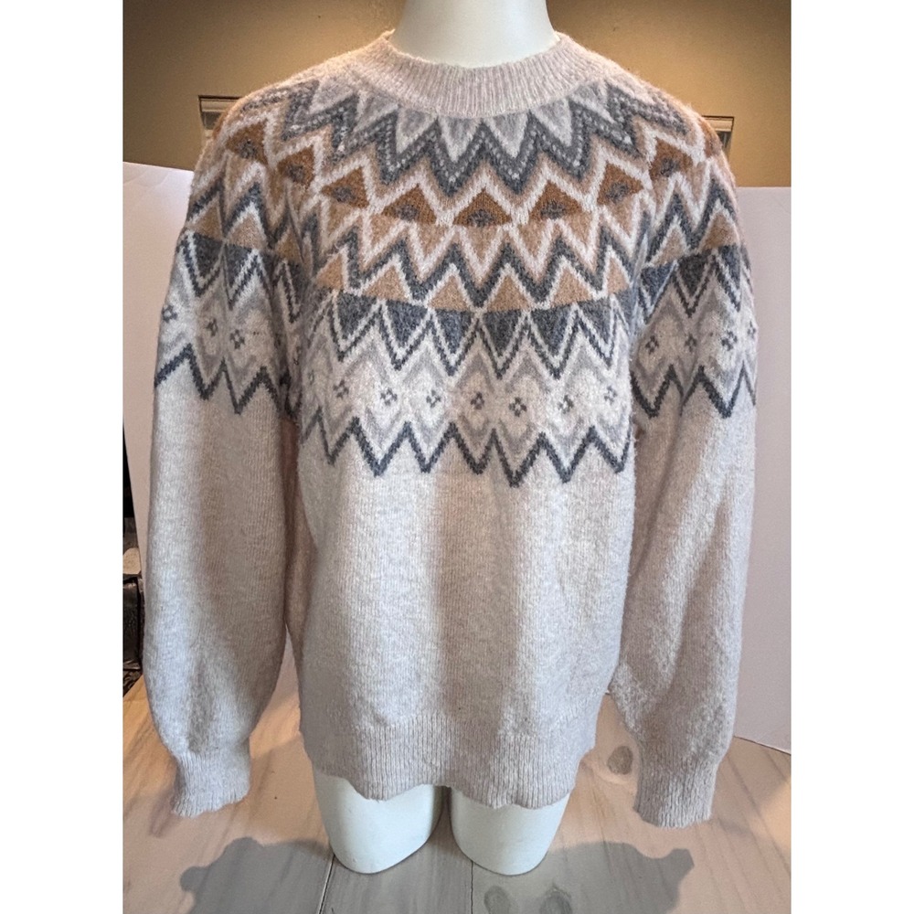 Caslon‎ Womens Fair Isle Nordic Crewneck Sweater Beige Gray Geometric Size M